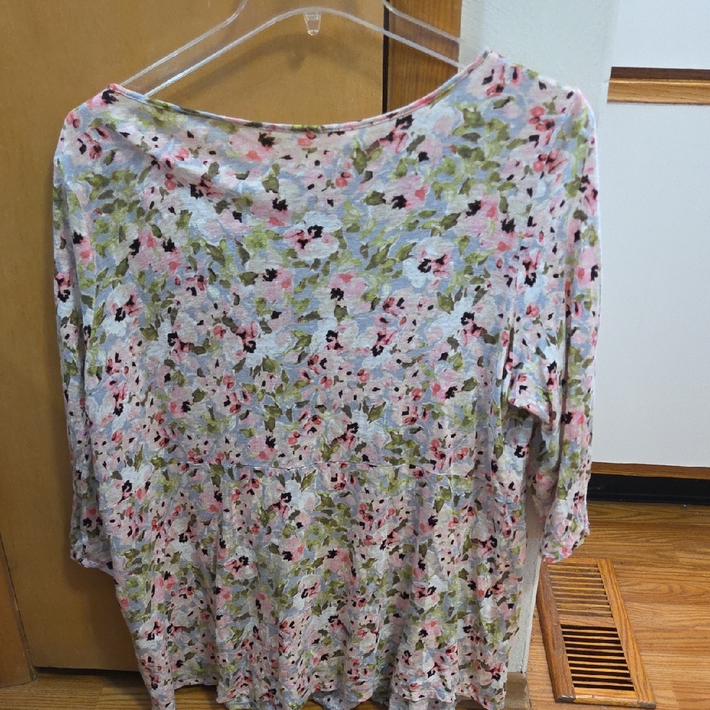 J. Jill Pink and Green Floral 3/ Sleeve Xl Love Linen Long Sleeve Top